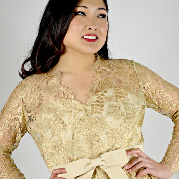 Lian Carlo Gold Lace Short Party Dress - Picture 5 of 7